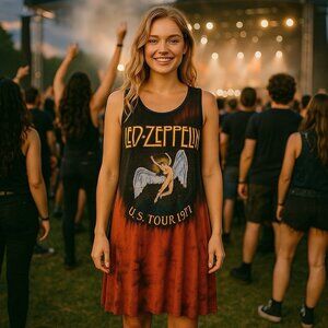 Lauren Moshi Led Zeppelin US Tour 1975 Rhinestoned Maxi Dress Grunge Band XL